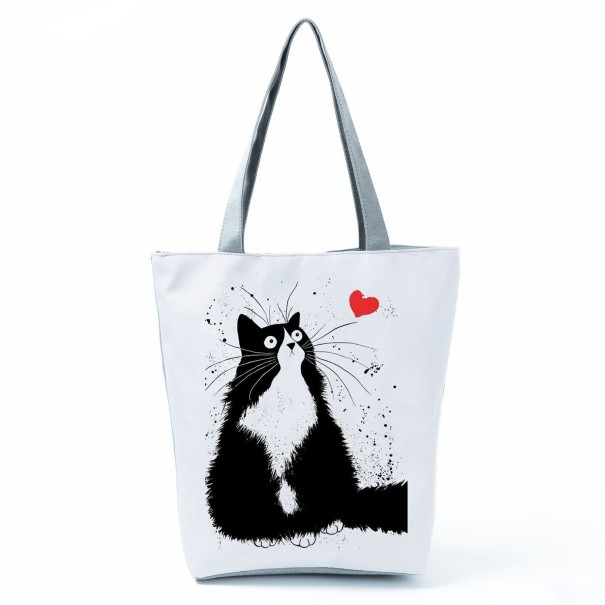 Bolsa de mujer de poliéster con estampado de gato 27 x 37 x 8 cm Bolsa de compras con asas grises y fondo gris Para compras y uso diario 1