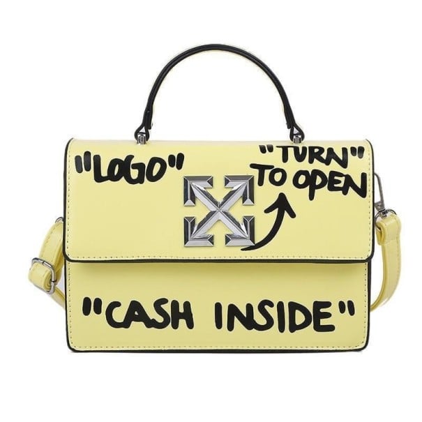 Bolsa de senhora crossbody com aba e inscrições marcantes Alça superior Fecho metálico Alça ajustável Pele PU 21,5 x 15 x 8 cm amarelo claro