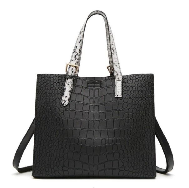 Bolsa de senhora de mão com relevo de crocodilo Alças contrastantes com padrão preto e branco e fivelas Alça longa ao ombro Preta 29,5 x 25 x 11 cm 1