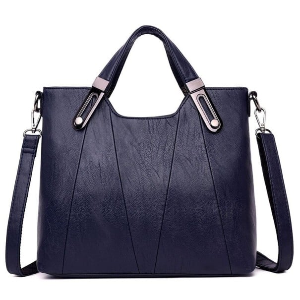 Bolsa de senhora em pele PU 30 x 25 x 12 cm Duas alças com detalhes metálicos Alça removível para o ombro Costura decorativa azul escuro