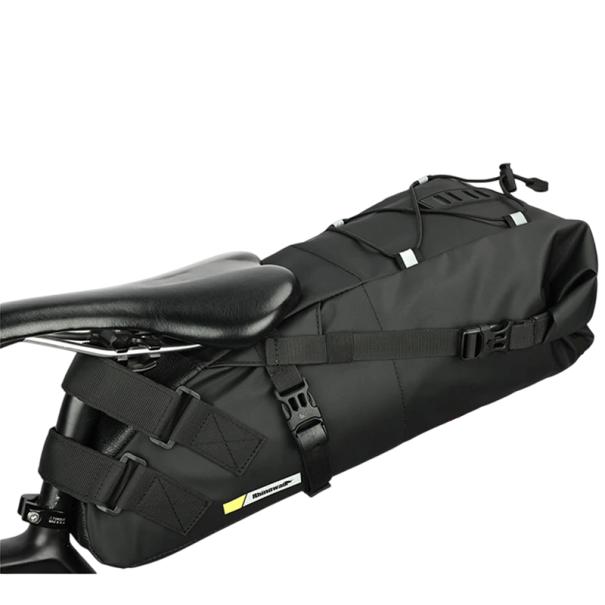 Bolsa de sillín de ciclismo impermeable 10 l 61×30×13 cm Bolsa de bicicleta negra de gran capacidad con elementos reflectantes Alforja para viajes largos 1