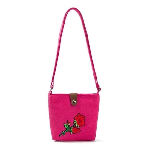 Bolsa de tecido crossbody para senhora Motivo rosa vermelha Fecho com laço e botão metálico Alça longa Algodão e poliéster 16 x 18 x 5 cm rosa escuro