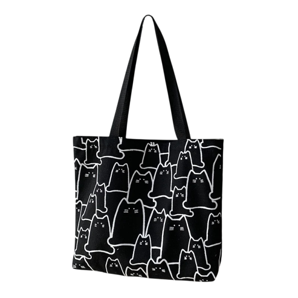 Bolsa de tela de compras de hombro 35 x 30 x 25 x 5 cm Bolso de mujer con motivo de gato Bolsa de compras de moda Bolsa gráfica informal negro