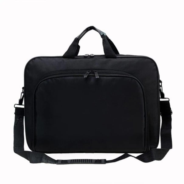 Bolsa delgada negra para portátil con asas y correa de hombro ajustable con almohadilla. Bolsillo frontal con cremallera. Tejido de nylon. 40 x 5,5 x 1