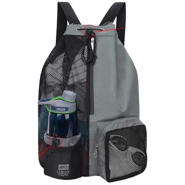Bolsa deportiva 47 × 28 × 14 cm Mochila perforada con cordón Bolsillos de malla con cremallera Mochila de nylon ligera para deporte y tiempo libre gris