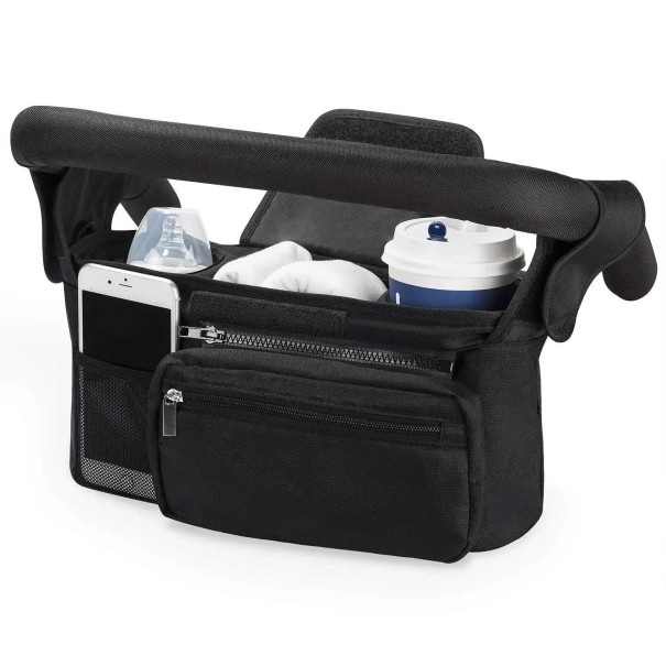 Bolsa para cochecito con portabotellas y soporte para teléfono 33 x 16 x 10 cm Bolsillo frontal con cremallera Bolsa extraíble negro