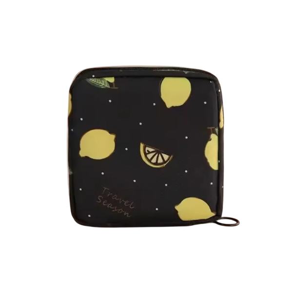 Bolsa para compresas y tampones femeninos 12 x 12 x 4 cm Bolsa de almacenamiento impermeable con cremallera Funda de tela negra con diseño de limones 1