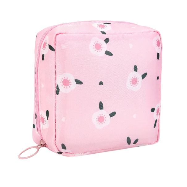 Bolsa para pensos higiénicos e tampões femininos 12 x 12 x 4 cm Organizador à prova de água com fecho de correr Bolsa de tecido rosa com padrão floral 1