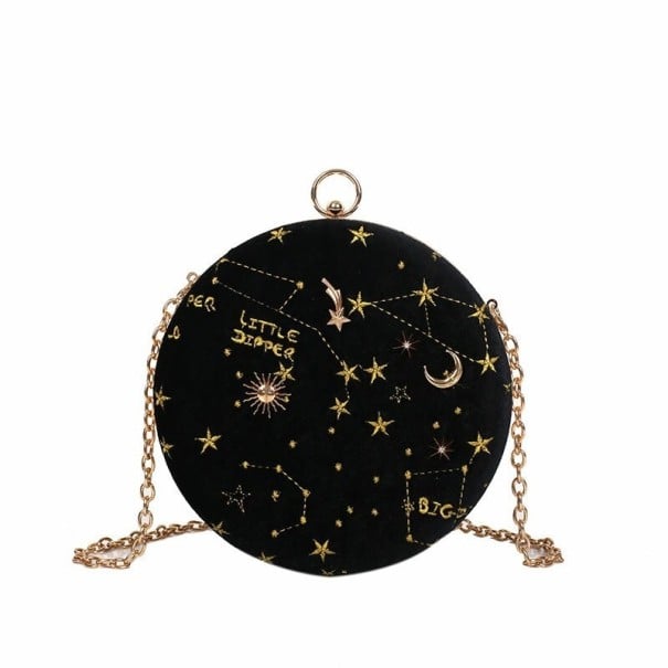 Bolsa redonda de mujer tipo crossbody con motivo de cielo estrellado Estrellas bordadas y adornos metálicos Cadena sobre el hombro negro
