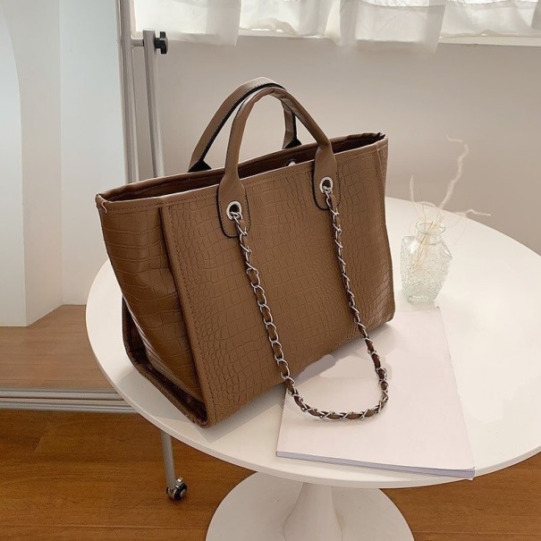 Bolsa shopper grande para senhora 41 x 26 x 18 cm Couro sintético com estampagem de crocodilo Alças curtas e alças em corrente para o ombro castanho