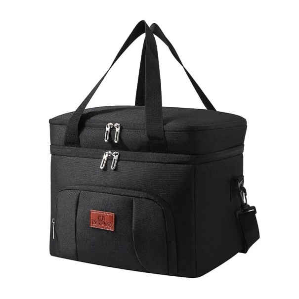 Bolsa térmica de duas camadas 29 x 33 x 26 cm Bolsa de refrigeração de grande capacidade para alimentos Bolsa de almoço de dois andares Cores neutras Bolsa isolada com espaço de armazenamento preto