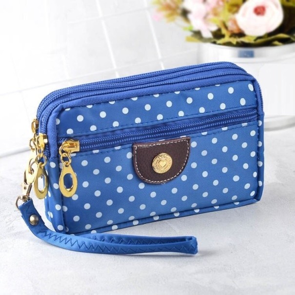 Bolsita de cosmética para mujer con puntos Varios compartimentos con cremallera Bolsillo frontal Correa para la muñeca Poliéster y cuero azul