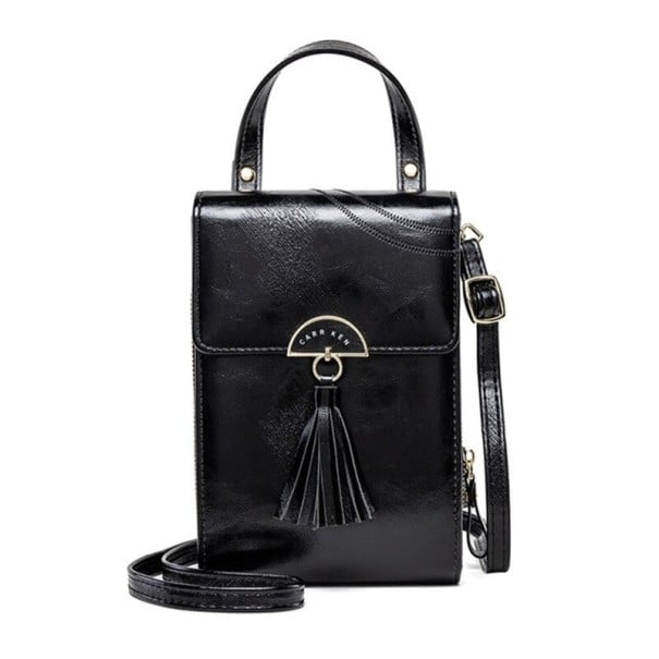 Bolso crossbody para mujer con solapa y borlas Sección con cremallera con compartimentos para tarjetas Asa corta y correa larga Piel PU negro