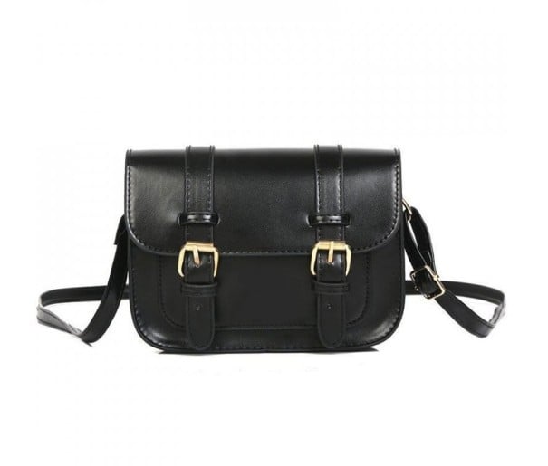 Bolso cruzado para mujer en estilo retro con solapa y dos hebillas Correa ajustable de PU y poliéster 19,5 x 13,5 x 6,5 cm negro