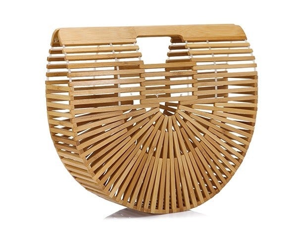Bolso de mano de madera para mujer en forma de medio círculo Estructura calada de finas láminas Asa recortada 28 x 7,5 x 24,5 cm 1