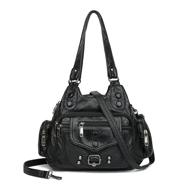 Bolso de mujer de mano y cruzado de PU 30 x 20 x 14 cm con correa desmontable Bolsillos laterales con cremallera Remaches metálicos negro