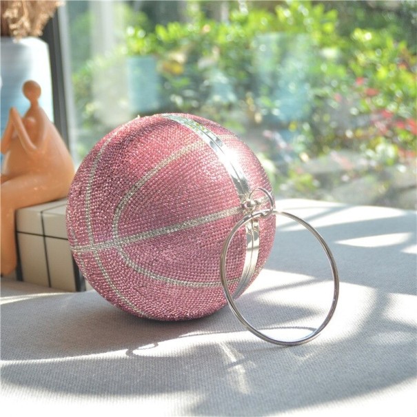 Bolso de mujer en forma de bola 19 x 19 cm Superficie decorada con cristales brillantes Asa metálica circular para llevar en la mano Rosa con franjas 1