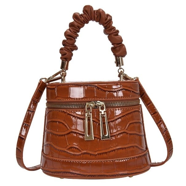 Bolso mini para mujer en forma de cilindro Cuero sintético lacado con patrón de cocodrilo Asa fruncida Correa larga para el hombro 17 x 11 x 13 marrón