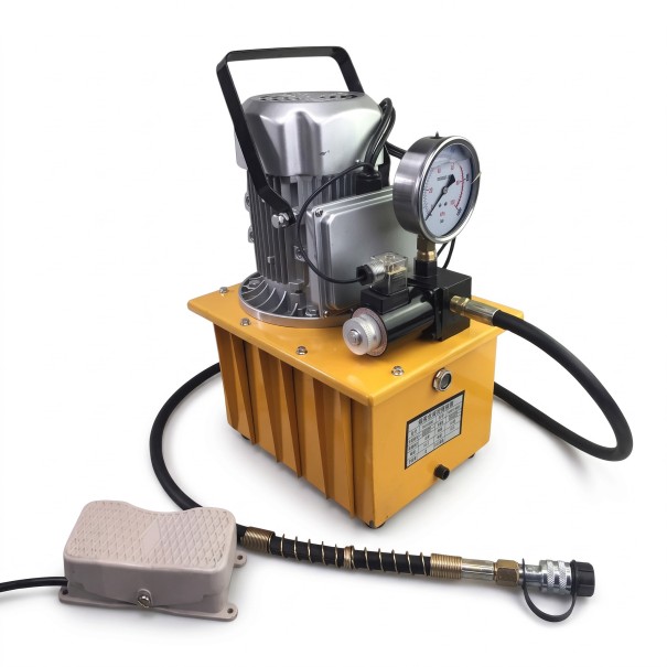 Bomba hidráulica elétrica 750 W 10000 PSI 70 MPa Monoactiva com válvula manual e pedal Tanque 7 l Aço amarelo Para oficina e serviço 1