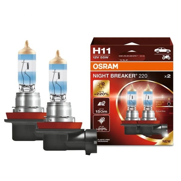 Bombillas halógenas para automóvil OSRAM Night Breaker 220 H11 12 V 55 W 3900 K Hasta +220 % de brillo Bombilla azul con punta dorada Para automóviles y motocicletas 1