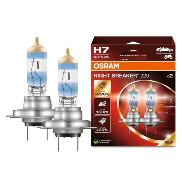 Bombillas halógenas para automóviles OSRAM Night Breaker 220 H7 12 V 55 W 3900 K Hasta +220 % de brillo Casquillo azul con punta dorada Para automóviles y motocicletas 1