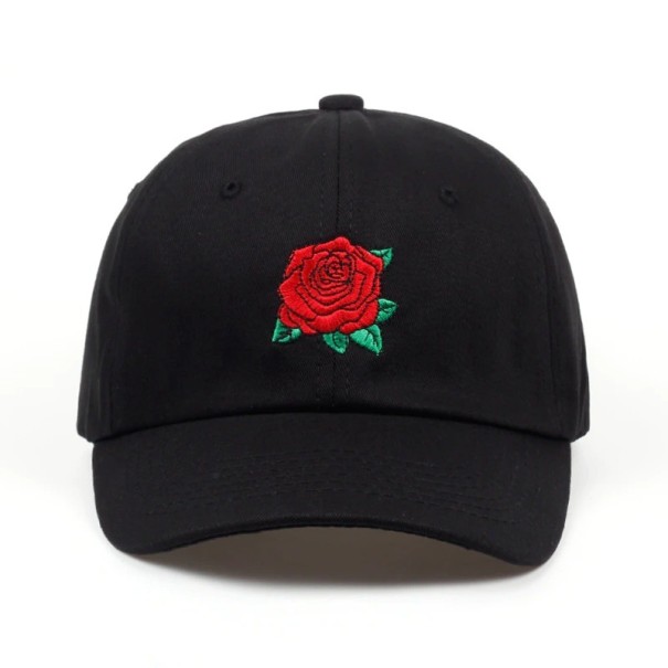 Boné feminino com grande rosa vermelha bordada Boné de baseball em algodão com aba curvada e costurada Circunferência da cabeça de 55 a 62 cm preto