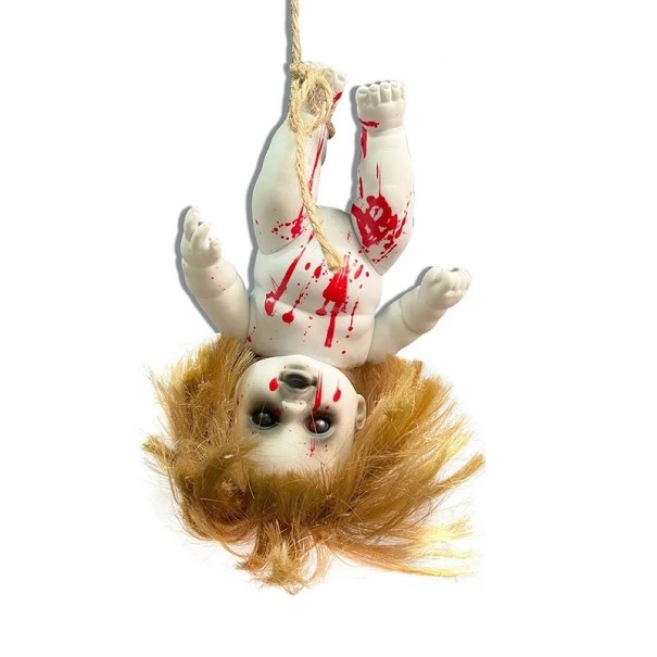 Boneca suspensa para crianças com cabelo Boneca de horror para pendurar Decoração de Halloween boneca amaldiçoada Decoração de Halloween interior e exterior 20 x 13 cm 1