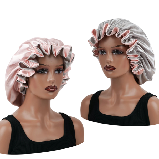 Bonnet de sommeil en satin à double couche unisexe en polyester taille universelle pour femmes et hommes confort protection des cheveux gris-rose