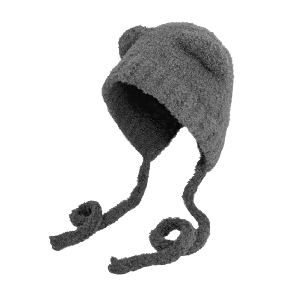 Bonnet en peluche tricoté d'hiver avec oreilles d'ours et cordons sous le menton Bonnet en laine chaud et mignon 56–58 cm Style Gorros Corée gris