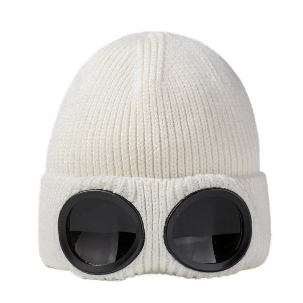 Bonnet en tricot résistant au vent avec lunettes Unisexe bonnet chaud pour le cyclisme et le ski Bonnet sportif multifonctionnel d'automne et d'hiver blanc