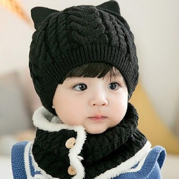 Bonnet et col en tricot pour enfants avec oreilles noir