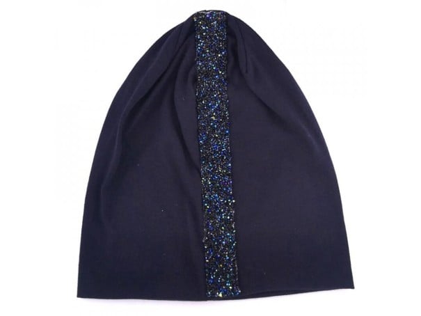Bonnet fin pour femmes avec un bandeau vertical de pierres scintillantes Matière douce et agréable en coton et polyester Taille universelle bleu foncé