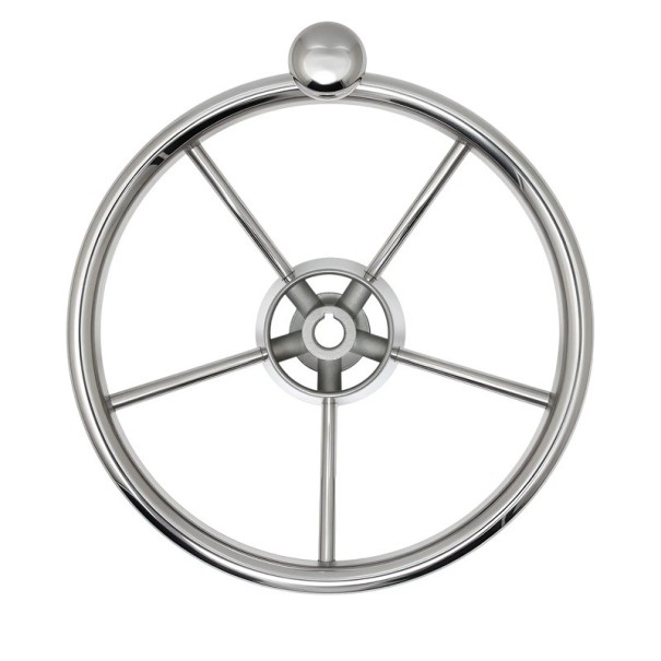 Bootslenkrad aus Edelstahl mit fünf Speichen und drehbarem Ball Durchmesser 285 mm Tiefe 80 mm Nabe 17 bis 19 mm poliert silber für Boot und Yacht