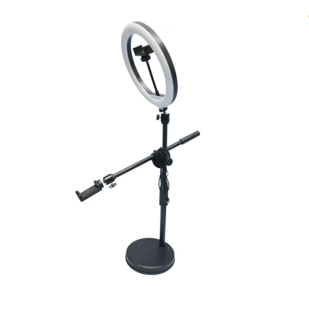 Bordstativ med 360° roterende arm, justerbar telefonholder, cirkulær LED-lys, drejeled, filmning, streaming af makeup 1