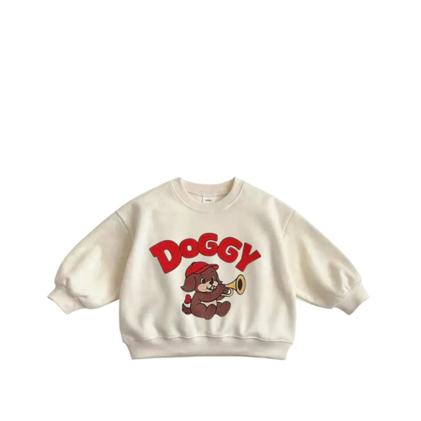 Børne sweatshirt med tegnet hund Langærmet Rund hals 100% bomuld og polyester Ensfarvet sweater til drenge og piger i forskellige farver beige 4