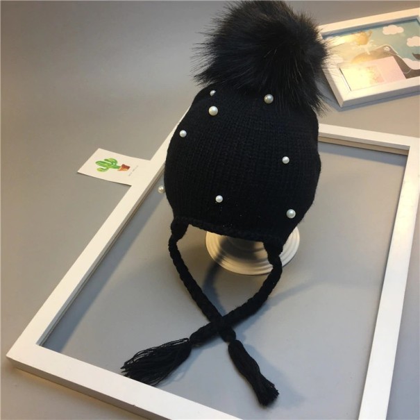 Børnehue med pompon og perler sort