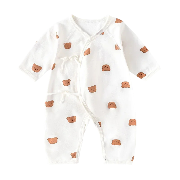 Børneoveralls i bomuld med lange ærmer og bjørnemotiv Unisex pyjamas med trykknapper og sløjfer Ensfarvet blødt tøj V-hals 0-1 måned