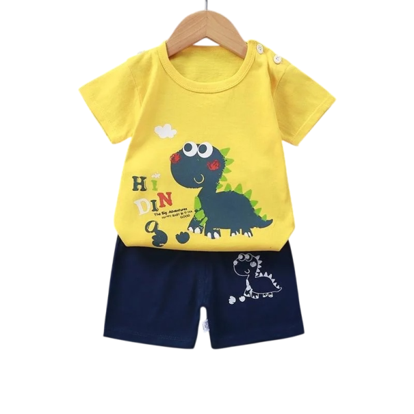 Børnesæt i gul med dinosaurtryk, T-shirt med korte ærmer og shorts med elastik, Unisex, bomulds sommer sæt 9-12 måneder