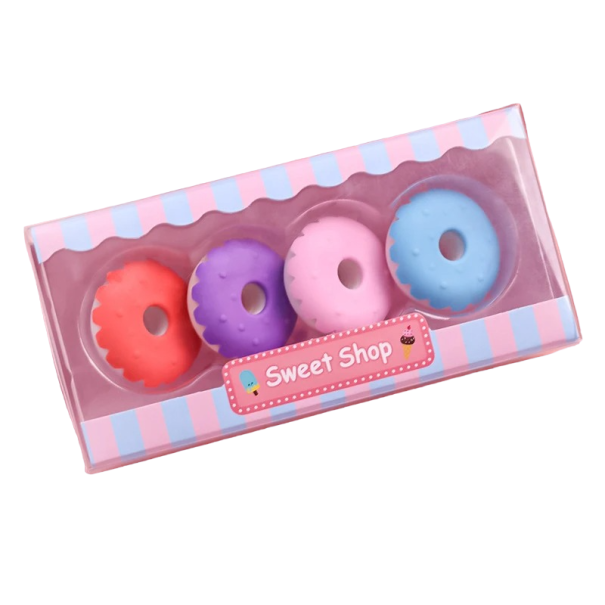 Børnesæt med blyantsviskelæder formet som en donut, 4 stk. Farverige donuts til at viske ud for børn. Sæt med viskelæder i en æske. Donut viskelæder 1