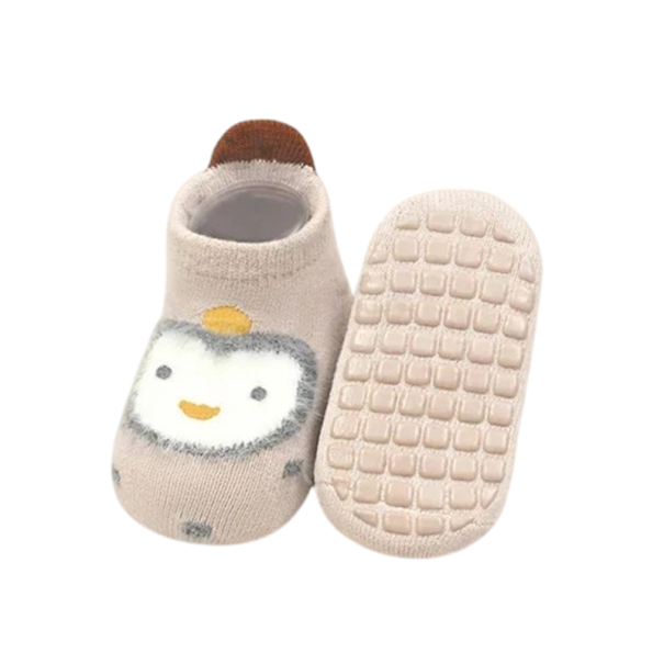 Børnesokker unisex Antiskrid sokker beige med pingvinmotiv Bomuld polyester elastan Bløde komfortable sokker til børn 1-3 år