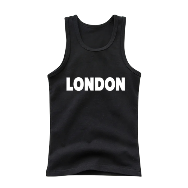 Børns bomulds tanktop med London tryk Enfarvet ærmeløs T-shirt med O-hals Bekvem sommer top til drenge og piger Forskellige farver sort 14