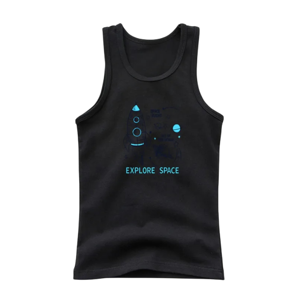 Børns bomulds tanktop med tryk af rumraket Enfarvet ærmeløs T-shirt med O-hals Komfortabel sommer top til drenge og piger sort 14