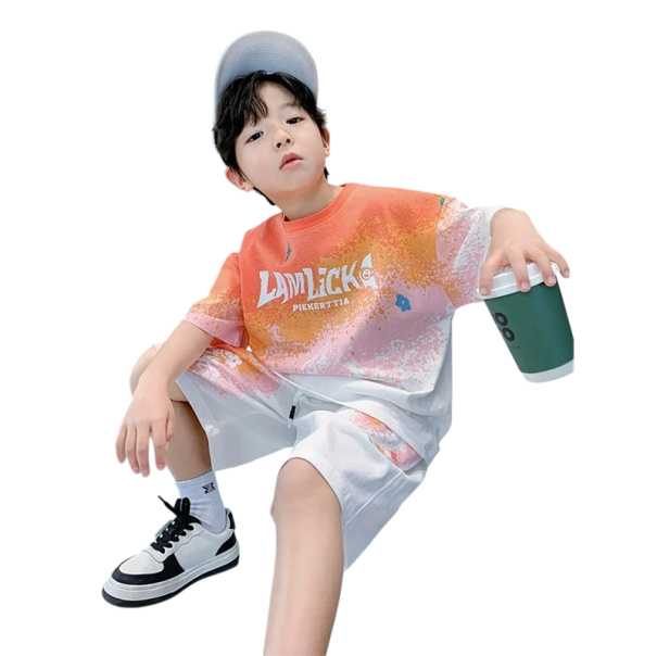 Børns sommer sæt farverig t-shirt med korte ærmer og shorts med snørebånd Trykt behageligt tøj til sommer orange 4