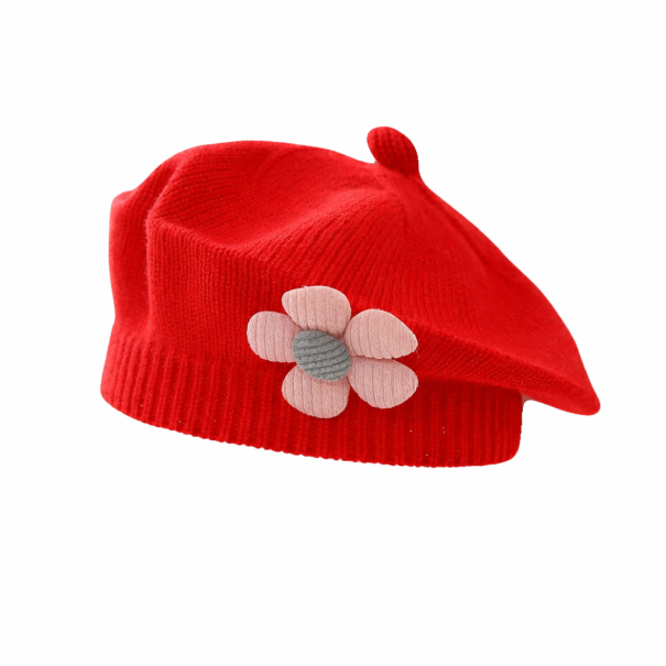 Børns strikkede vinterbaret 1–3 år Polyester varm baret med 3D blomst Blød børns vinterhat elegant tilbehør rød