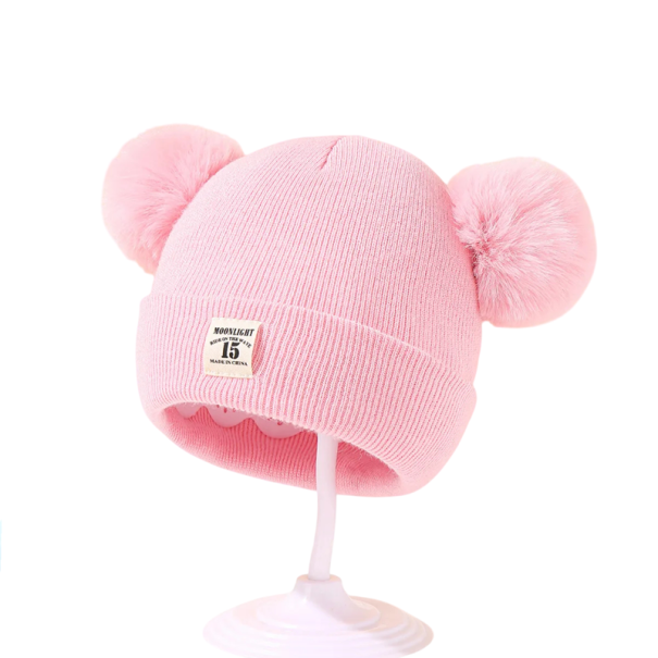 Børns strikkede vinterhat 16 x 16 cm 0–3 år Akryl varm hue med pomponer Blød vinterhat rosa