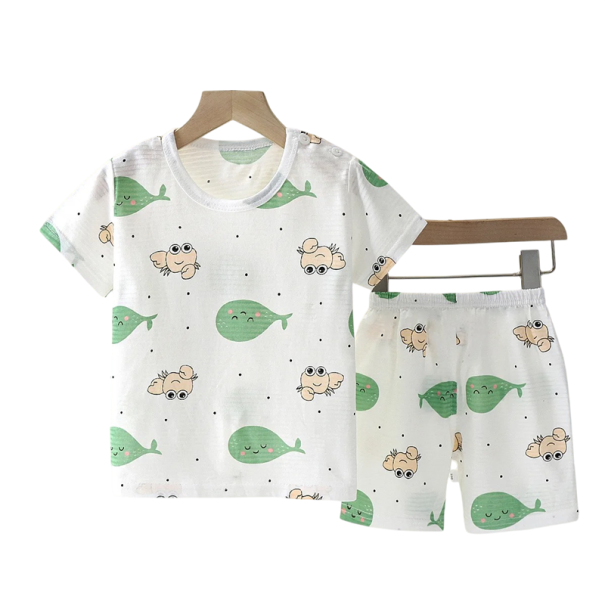 Børns unisex sæt hvid T-shirt og shorts med korte ærmer O-hals tegnet hval og havkrabber bomuld 6-9 måneder