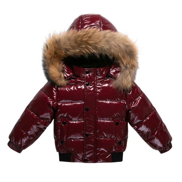 Børns vinter dunjakke 90% hvid andefjer Glinsende unisex jakke med hætte med pels Lynlås og knapper vinrød 6