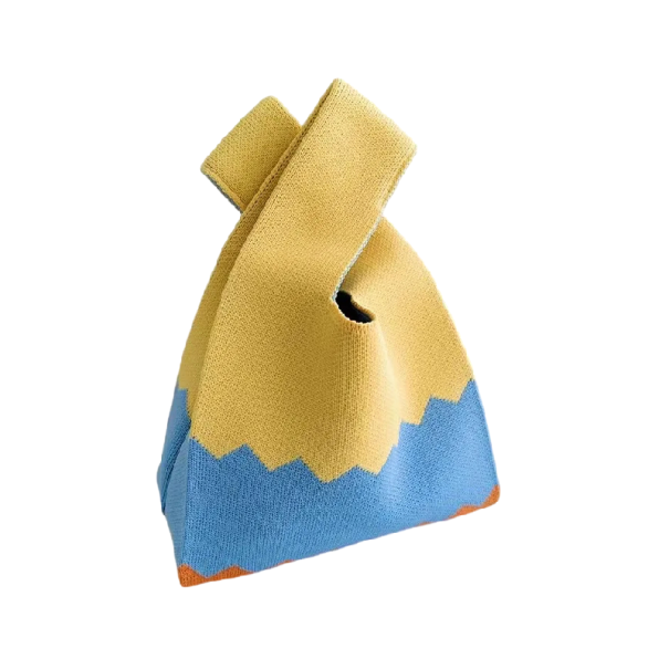 Borsa a maglia da donna con motivo colorato 20x35 cm poliestere con fodera in cotone giallo blu per uso quotidiano 1