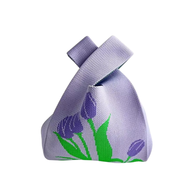 Borsa a maglia da donna con motivo floreale di tulipani 20x35 cm in poliestere con fodera in cotone viola borsa per uso quotidiano 1