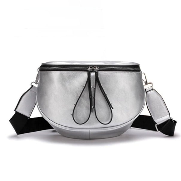 Borsa a tracolla da donna a forma di mezzaluna Zip superiore con lunghe linguette Cinghia in tessuto larga Pelle PU lucida 24 x 18 x 11 cm Per argento